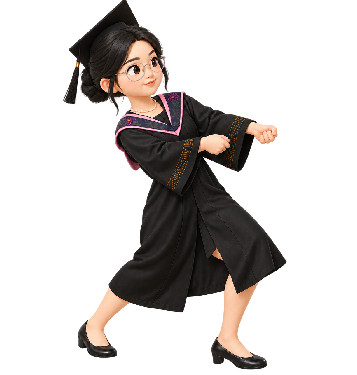 戴学位帽、穿黑色学位服的3D贴纸风女孩正在向左后方拉动绳子